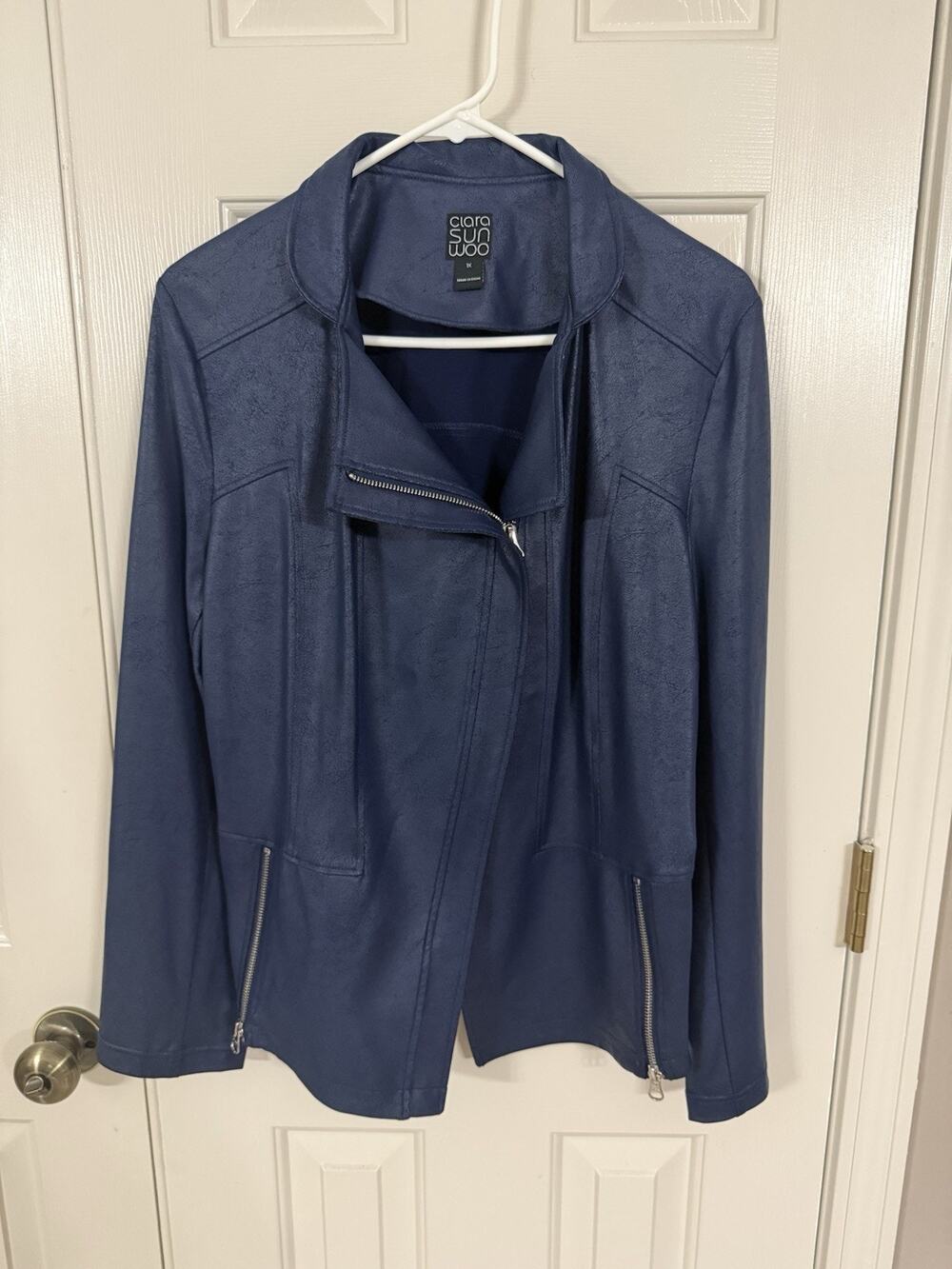 Clara Sun Woo Liquid Leather Jacket Navy 1X Moto Silver Hardware